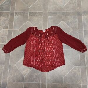 Lucky Brand Womens Long Sleeve Red Boho Peasant Sheer Polyester Blouse Medium